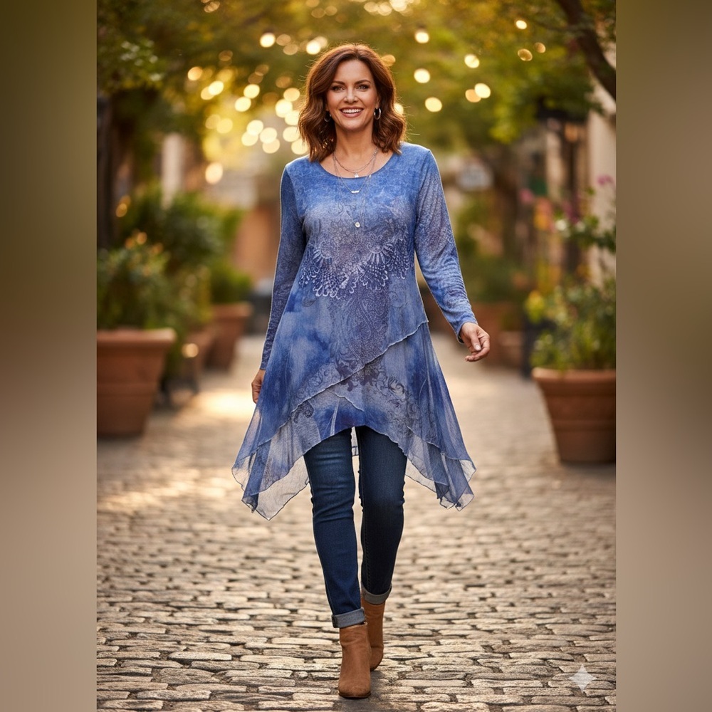 Pretty Angel Blue Boho Asymmetrical Tunic Top XL Linen Blend Layered Lagenlook